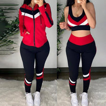 Load image into Gallery viewer, Colorblock Crop Top & High Waist Pants & Hooded Coat Set