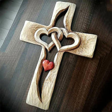 Load image into Gallery viewer, Carved Wooden Cross Intertwined Hearts