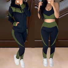 Load image into Gallery viewer, Colorblock Crop Top & High Waist Pants & Hooded Coat Set