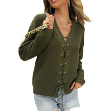 Load image into Gallery viewer, Solid V-Neck Cutout Lace-Up Knit Sweater