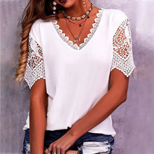 Load image into Gallery viewer, Women&#39;s Lace Patchwork Loose V-Neck Short Sleeve T-Shirt

