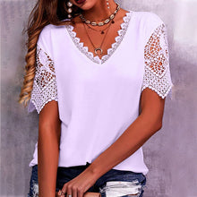 Load image into Gallery viewer, Women&#39;s Lace Patchwork Loose V-Neck Short Sleeve T-Shirt
