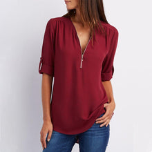 Load image into Gallery viewer, V Neck Zipper Patchwork Plain Blouses
