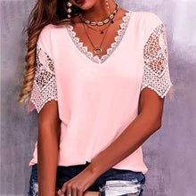 Load image into Gallery viewer, Women&#39;s Lace Patchwork Loose V-Neck Short Sleeve T-Shirt
