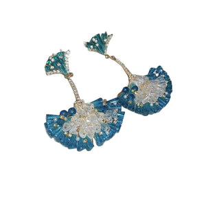 Diamond Encrusted Crystal Fan-Shaped Ginkgo Leaf Earrings