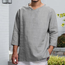 Load image into Gallery viewer, Men&#39;s Long-sleeved V-neck Linen Loose T-Shirt
