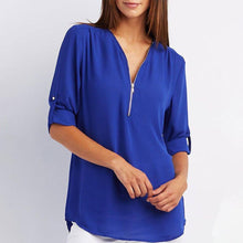 Load image into Gallery viewer, V Neck Zipper Patchwork Plain Blouses
