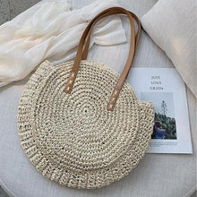 Load image into Gallery viewer, Hand Woven Round Ladies Bohemian Summer Straw Beach Bag
