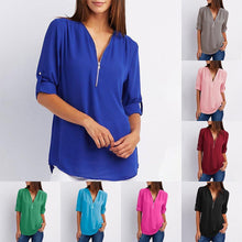 Load image into Gallery viewer, V Neck Zipper Patchwork Plain Blouses
