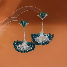 Load image into Gallery viewer, Diamond Encrusted Crystal Fan-Shaped Ginkgo Leaf Earrings
