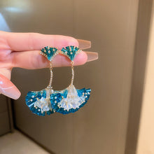 Load image into Gallery viewer, Diamond Encrusted Crystal Fan-Shaped Ginkgo Leaf Earrings
