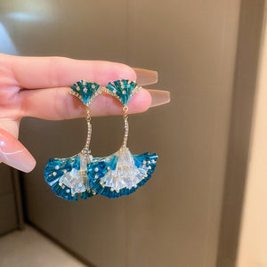Diamond Encrusted Crystal Fan-Shaped Ginkgo Leaf Earrings
