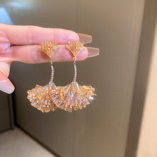 Load image into Gallery viewer, Diamond Encrusted Crystal Fan-Shaped Ginkgo Leaf Earrings
