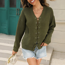 Load image into Gallery viewer, Solid V-Neck Cutout Lace-Up Knit Sweater
