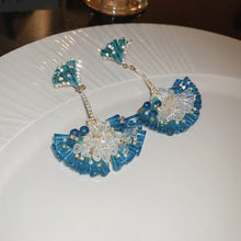 Load image into Gallery viewer, Diamond Encrusted Crystal Fan-Shaped Ginkgo Leaf Earrings
