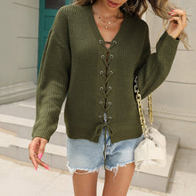 Load image into Gallery viewer, Solid V-Neck Cutout Lace-Up Knit Sweater
