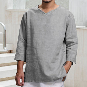 Men's Long-sleeved V-neck Linen Loose T-Shirt