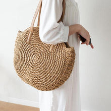Load image into Gallery viewer, Hand Woven Round Ladies Bohemian Summer Straw Beach Bag

