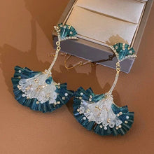 Load image into Gallery viewer, Diamond Encrusted Crystal Fan-Shaped Ginkgo Leaf Earrings
