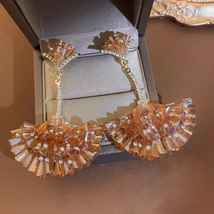 Diamond Encrusted Crystal Fan-Shaped Ginkgo Leaf Earrings