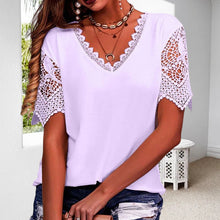 Load image into Gallery viewer, Women&#39;s Lace Patchwork Loose V-Neck Short Sleeve T-Shirt
