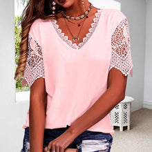 Load image into Gallery viewer, Women&#39;s Lace Patchwork Loose V-Neck Short Sleeve T-Shirt
