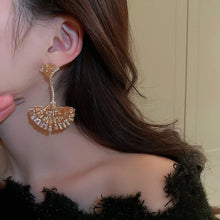 Load image into Gallery viewer, Diamond Encrusted Crystal Fan-Shaped Ginkgo Leaf Earrings
