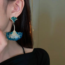 Load image into Gallery viewer, Diamond Encrusted Crystal Fan-Shaped Ginkgo Leaf Earrings
