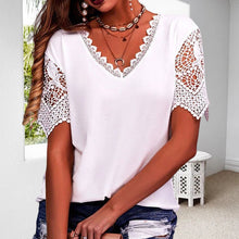 Load image into Gallery viewer, Women&#39;s Lace Patchwork Loose V-Neck Short Sleeve T-Shirt
