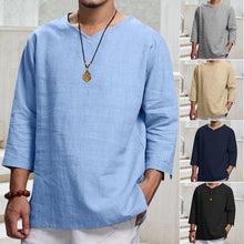 Load image into Gallery viewer, Men&#39;s Long-sleeved V-neck Linen Loose T-Shirt
