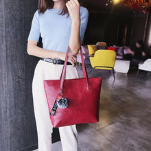 Load image into Gallery viewer, Women Leather Hairball Zipper Tote Solid Color Shoulder Bag
