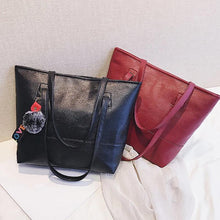 Load image into Gallery viewer, Women Leather Hairball Zipper Tote Solid Color Shoulder Bag
