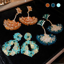 Load image into Gallery viewer, Diamond Encrusted Crystal Fan-Shaped Ginkgo Leaf Earrings
