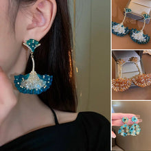 Load image into Gallery viewer, Diamond Encrusted Crystal Fan-Shaped Ginkgo Leaf Earrings
