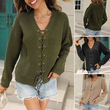 Load image into Gallery viewer, Solid V-Neck Cutout Lace-Up Knit Sweater
