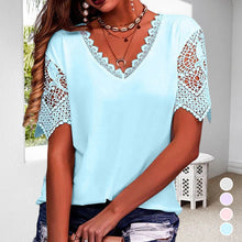 Load image into Gallery viewer, Women&#39;s Lace Patchwork Loose V-Neck Short Sleeve T-Shirt
