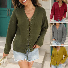 Load image into Gallery viewer, Solid V-Neck Cutout Lace-Up Knit Sweater
