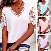 Load image into Gallery viewer, Women&#39;s Lace Patchwork Loose V-Neck Short Sleeve T-Shirt
